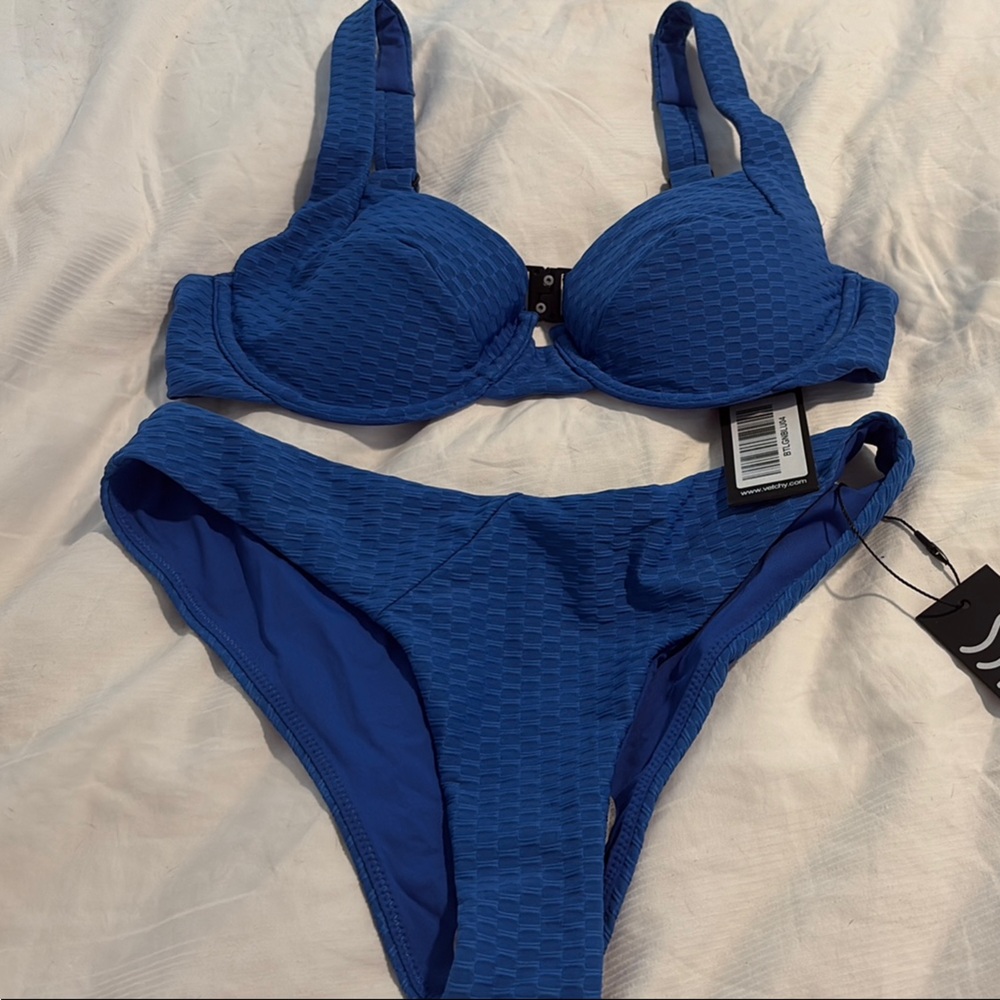 VETCHY Blue Textured Women's Bikini Set Small bottom/Medium Top